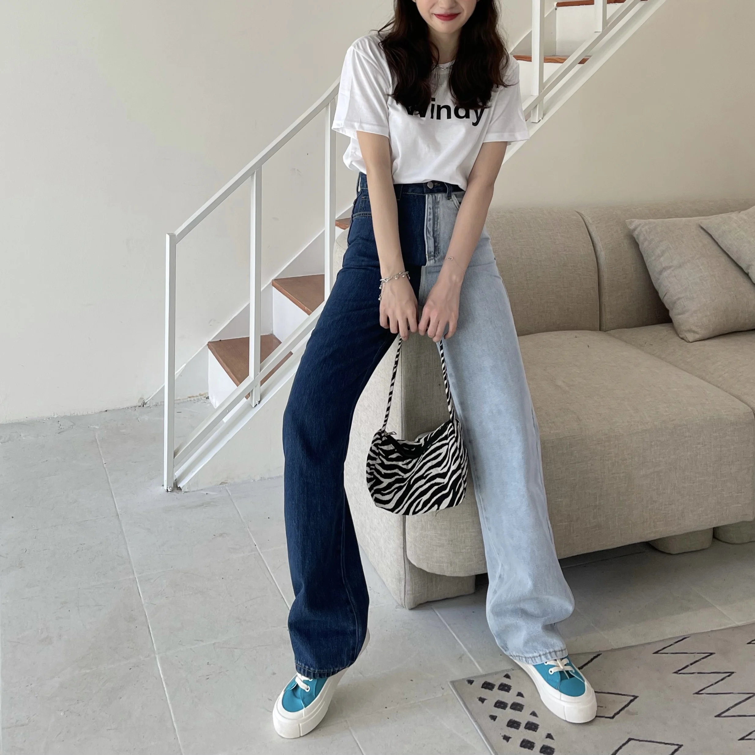 

Длинные хлопковые брюки, прямые свободные брюки с высокой талией, в стиле пэчворк, в Корейском стиле, для осени, 2021