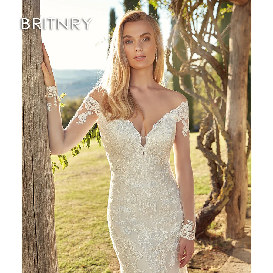 

Элегантное кружевное свадебное платье BRITNRY с длинным рукавом, 2020, с V-образным вырезом, с вышивкой, аппликацией и юбкой годе, свадебные платья