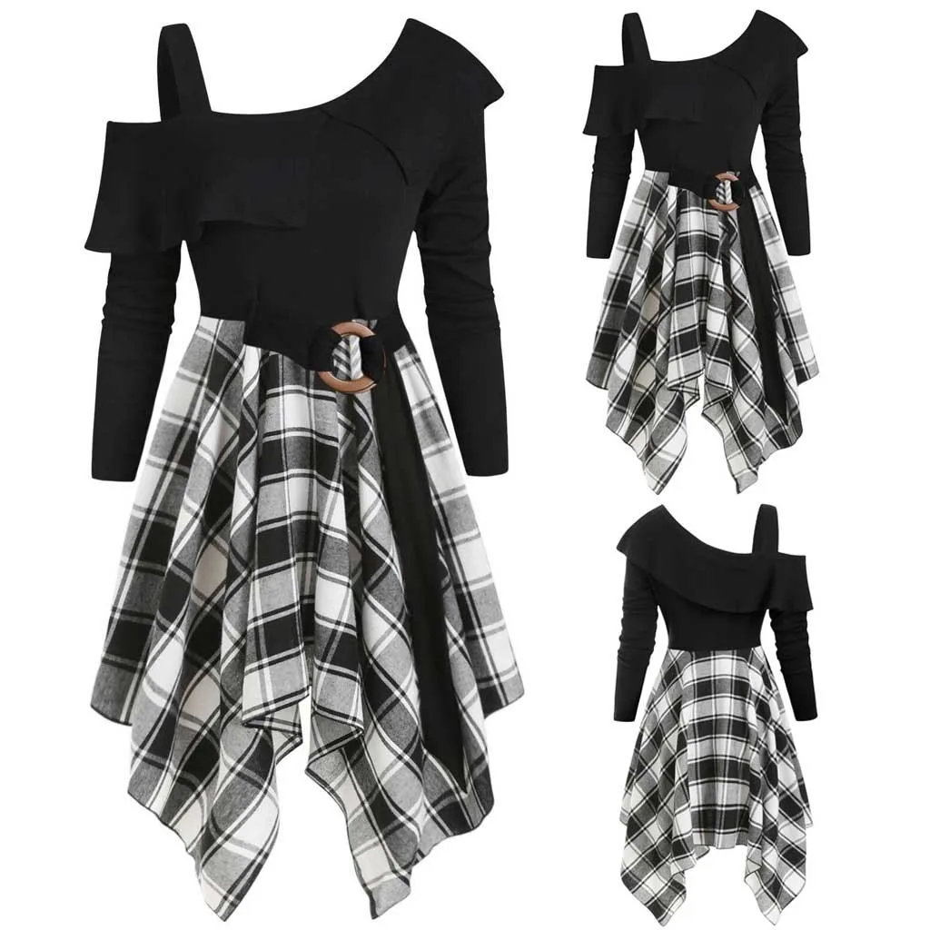 2019 платье Womne размера плюс плед косым воротником поясом пикантные платок