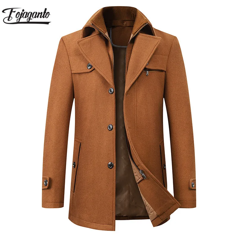 FOJAGANTO Fashion Brand Men Solid Wool Blend Coat Men Casual Warm Thick Wool Coats Winter New Business Long Wool Overcoat Male