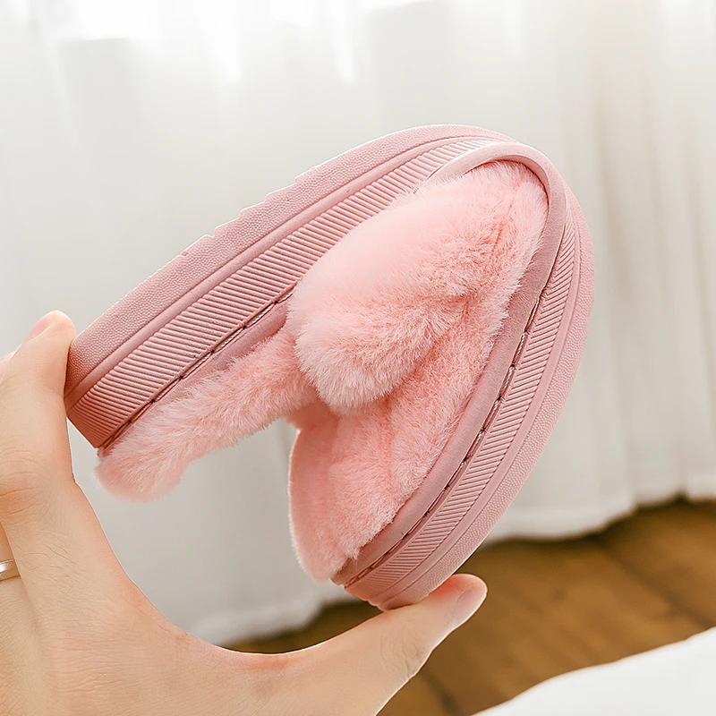 

Women's Men's Winter Home Slippers Couples Warm Soft Plush Slides Vertical Stripes Rabbit Hair Embroidered Cotton Shoes with Fur