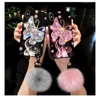 beautiful bling rhinestone diamond butterfly fur ball hand chain case cover for iphone 13 12 11 pro xs max xr x 8 7 6 plus se