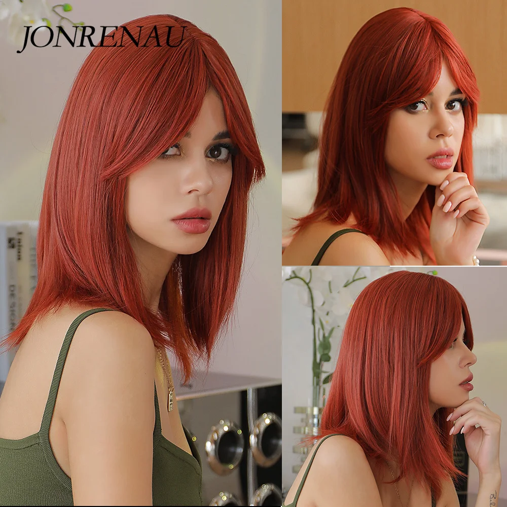 

JONRENAU Short Straight Wine Red Wig Split bangs Synthetic Hair for Women Romantic Elegant Red Midsplit wig Heat Resistant Wigs