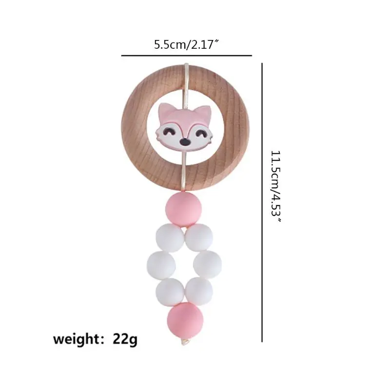 

OOTDTY Baby Cartoon Rattle Teething Beech Wood Ring Silicone Teether Molar Beads Newborn Infant Toddler Chewing Toy