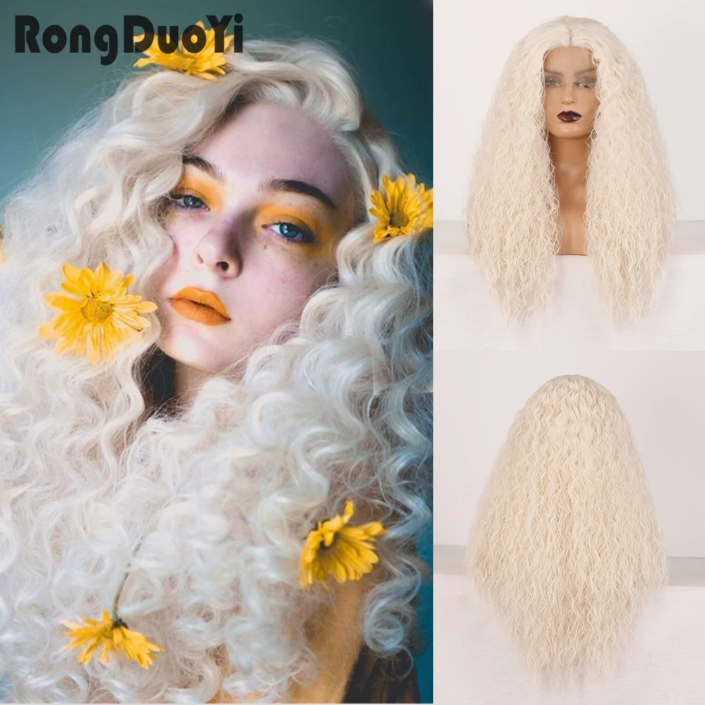 

RONGDUOYI Kinky Curly Wig #60 Platinum Blonde Wigs for Women High Temperature Fiber Synthetic Lace Front Wig Long Cosplay Wigs