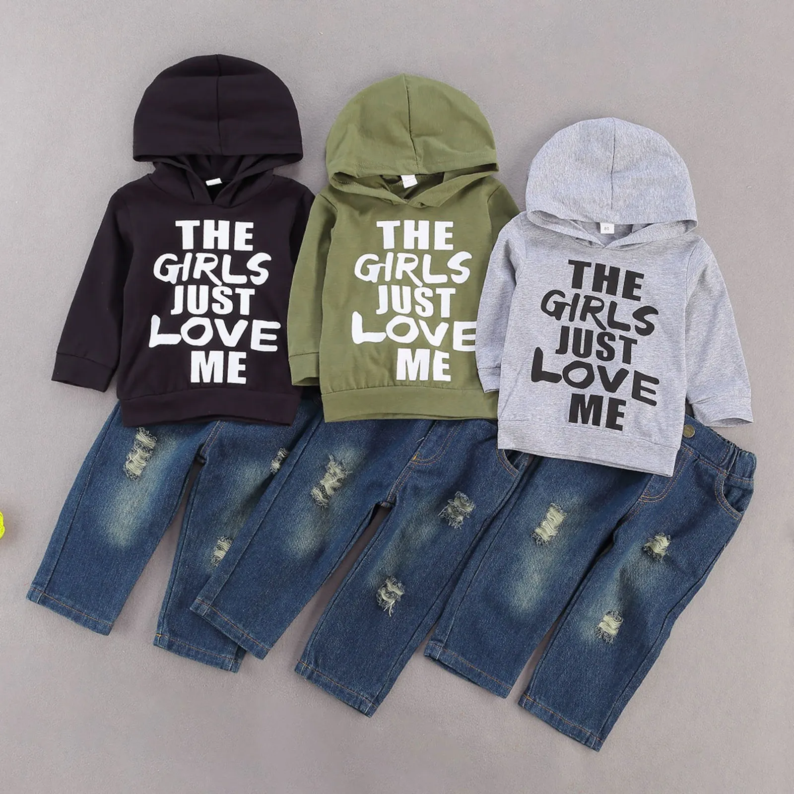 

4-5 Years 2 Pcs Toddler Casual Outfits, Baby Letter Print Long Sleeve Hooded Sweatshirt + Ripped Jeans with Pockets