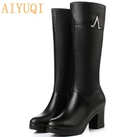 aiyuqi new winter genuine leather boots women shoes high heeled mid calf women long boots warm snow boots lady fashion shoes