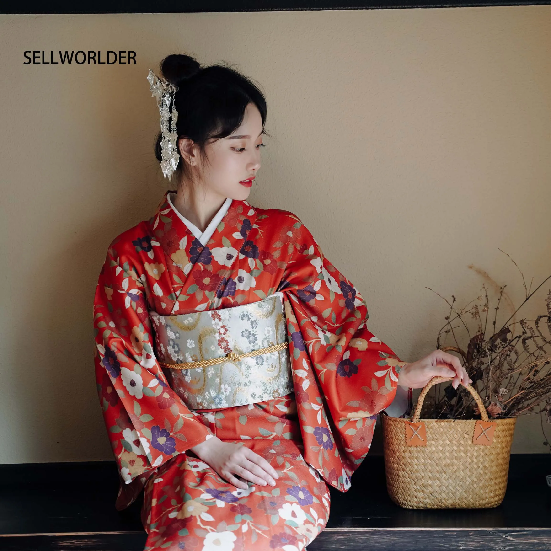 

2019 SELLWORLDER retro Japanese Kimono Style yukata Girl red dress Woman flower bloom print Long Dress with handbag