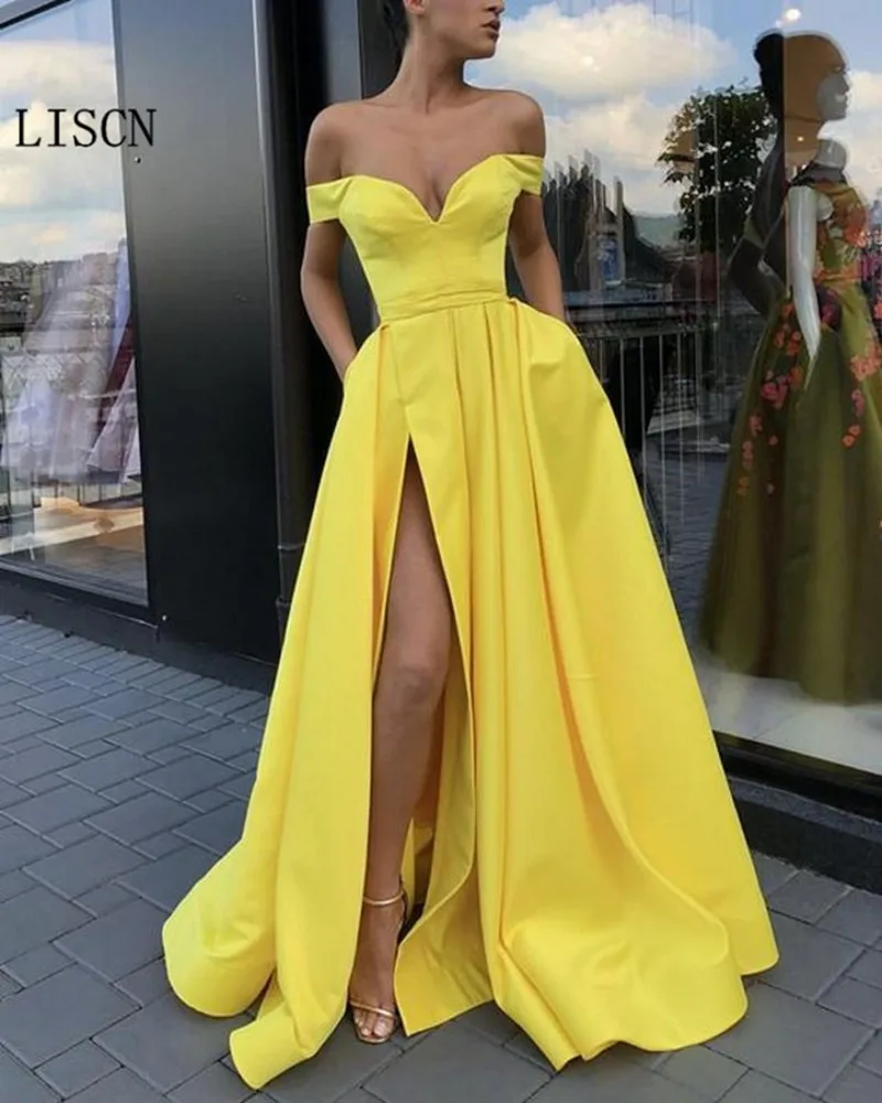 

Backless Sexy Yellow Off the Shoulder High Side Split Evening Dress Pockets Islamic Dubai Saudi Arabic Long Party Gown Vestido