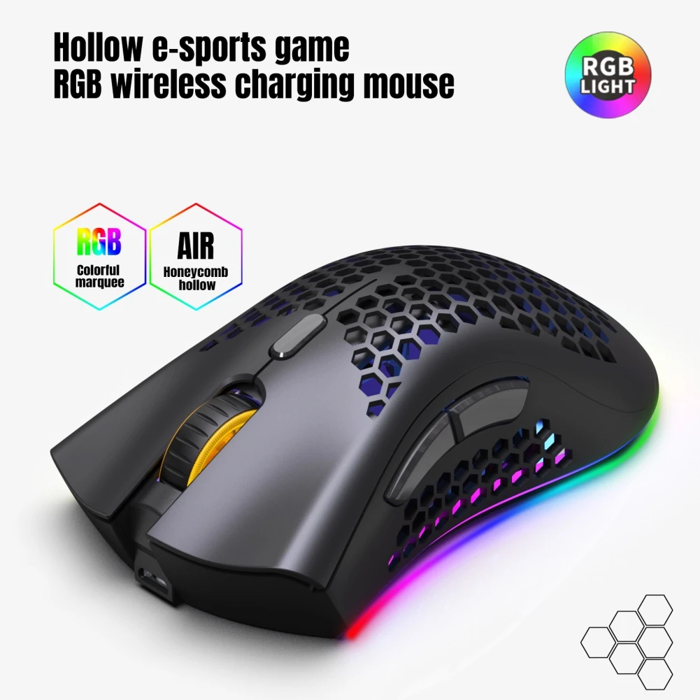 

Eshowee RGB Flow Light Effect Rechargeable Mute Wireless Mouse Hole Hollow Power Competition Mouse For PC Laptop