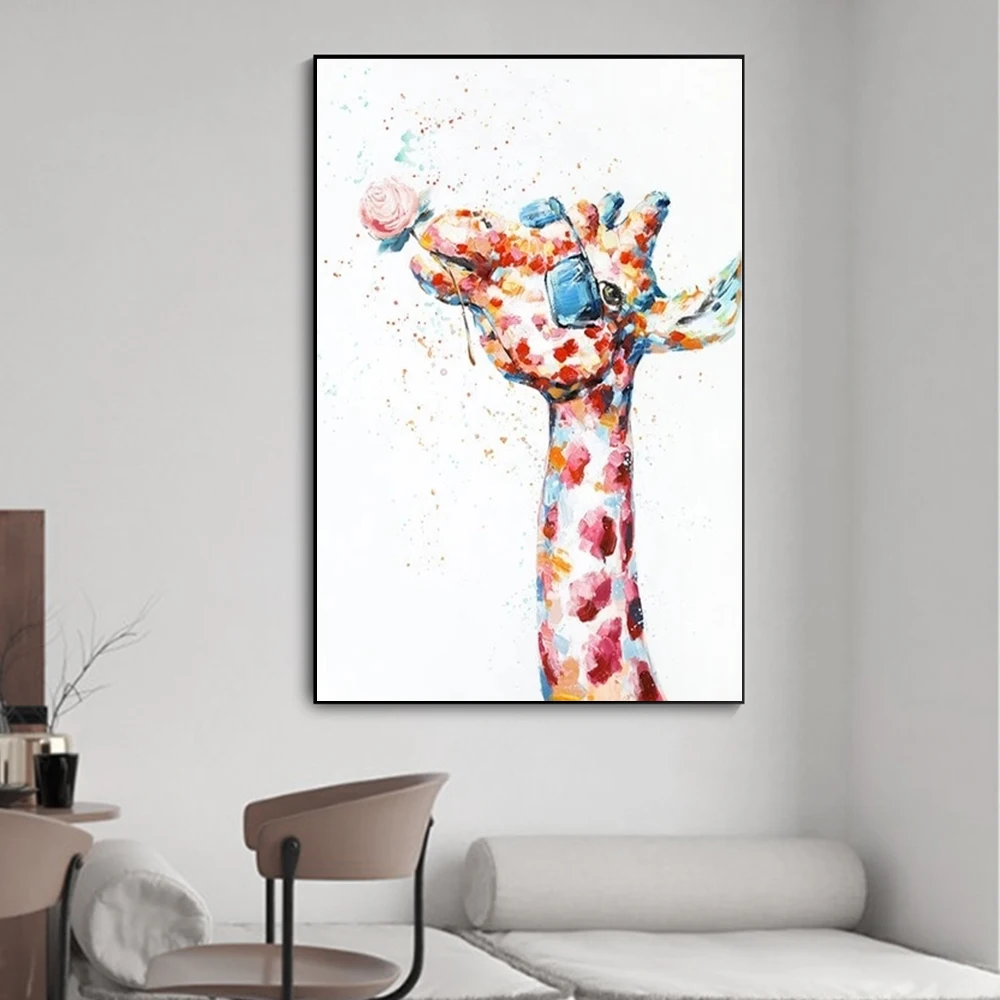 Красно-голубая Настенная картина с изображением пары жирафов на стену забавная