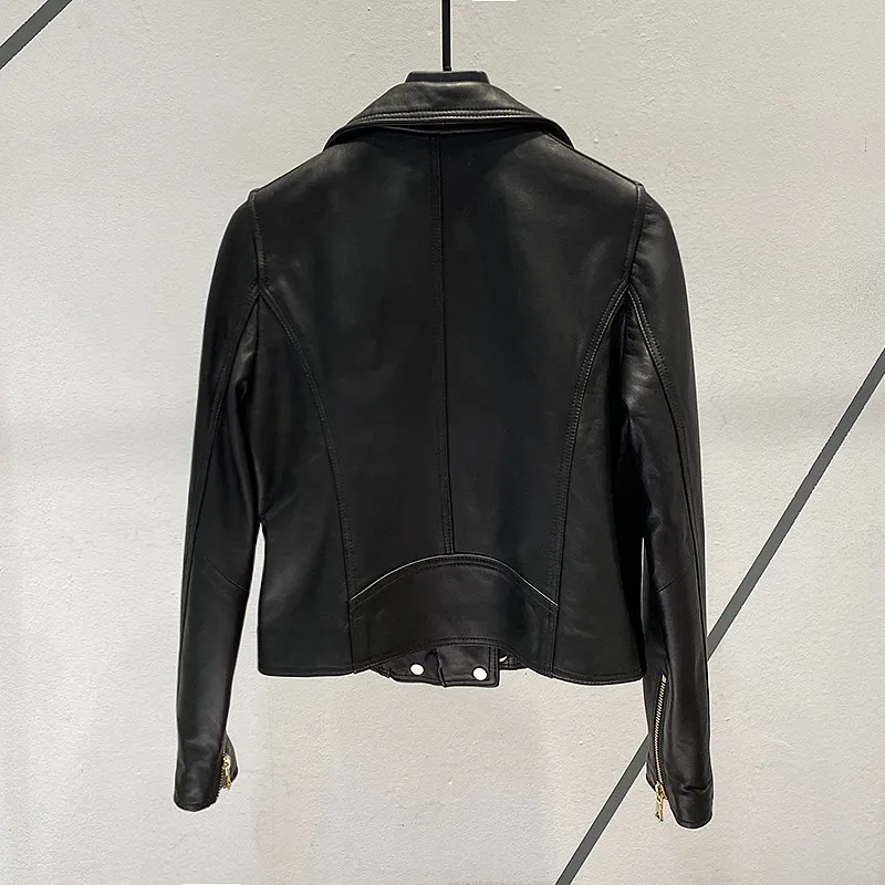 

Sheepskin Spring Women Coat New 2021 Slim Zip Double Breasted Motorcycle Bikers Jacket Fashion Genuine Leather Short Outerwear