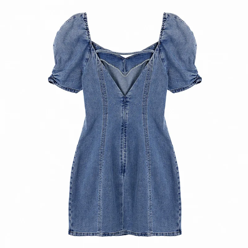 

Sexy V-Neck Backless Short Denim Dresses Summer Women Sweet Lantern Sleeve High Waist Mini Dress Female Vintage Blue Jeans Dress