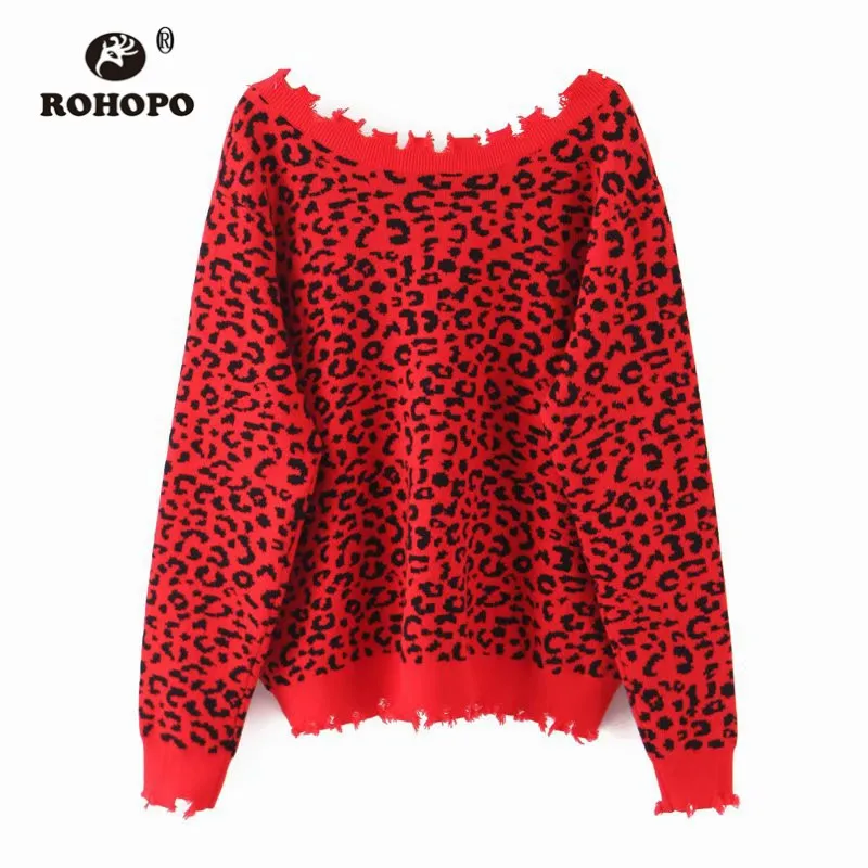 ROHOPO черный леопардовый длинный рукав с открытой спиной кисточкой подол красный
