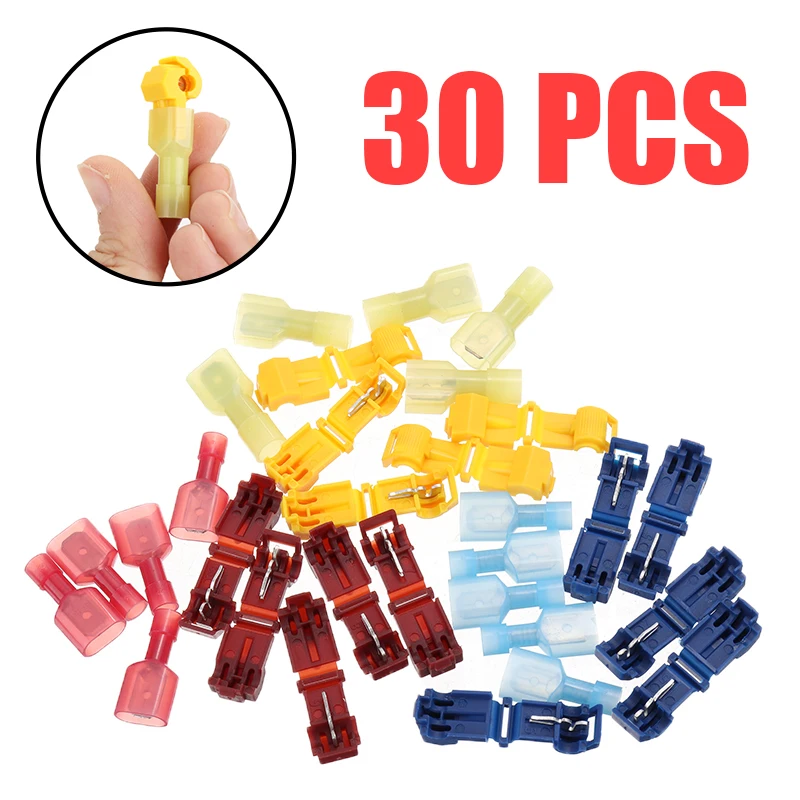 

30pcs Blue Red Yellow Wire Cable Connectors T-Taps & Male Insulated Quick Splice Lock Wire Terminals Connectors Set