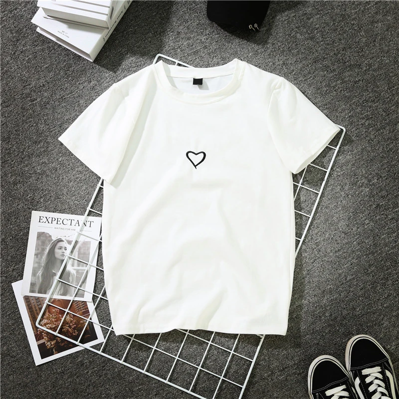 Fashion Harajuku T Shirt Women Heart Letter Printed Hip Hop Cotton O Neck Short Sleeve Embroidered Couple T-Shirt | Женская одежда