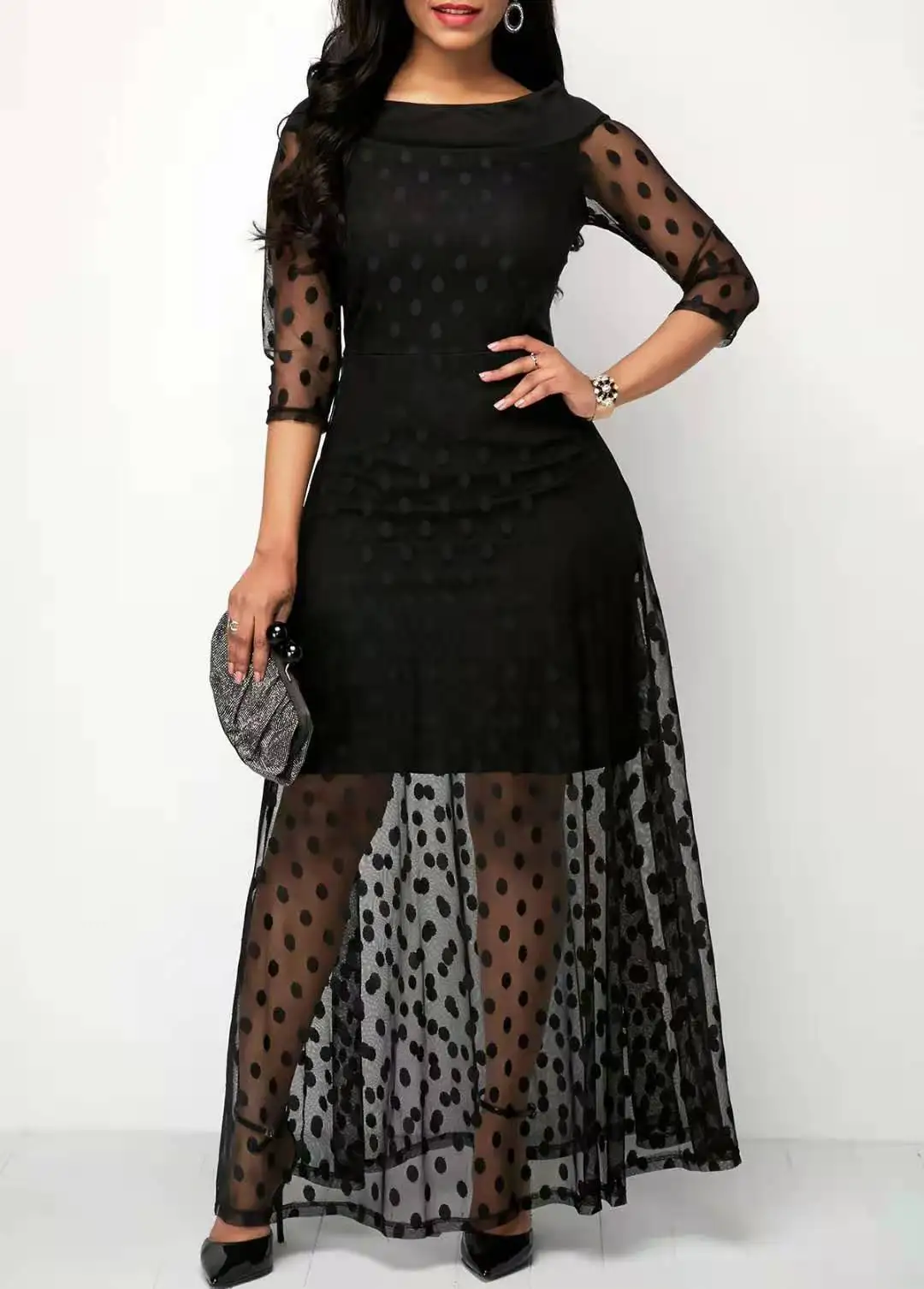 

2021 New Splicing Polka Dot Net Yarn Long Ladies Plus Size Hollow Dress Black Slim Sexy Mid-sleeve Party Dresses for Women