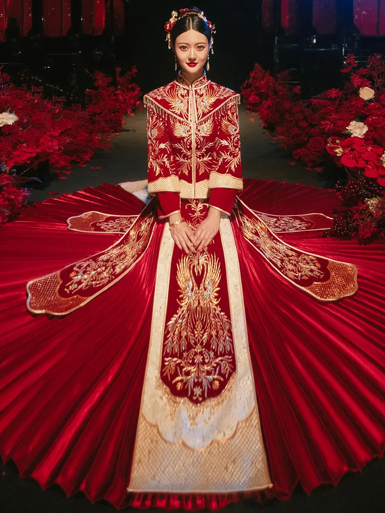 Traditional Classic Phoenix Embroidery Bride Cheongsam Marriage Suit Chinese Couple Women Men Wedding Dress Qipao Vestidos