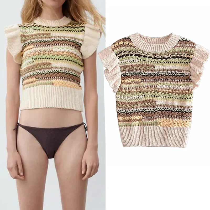 

Za Knitted Vest Woman Cropped Sweater Vest Women Short Ruffle Sleeve Knit Top 2021 Autumn Slim Vintage Sweater Pullovers