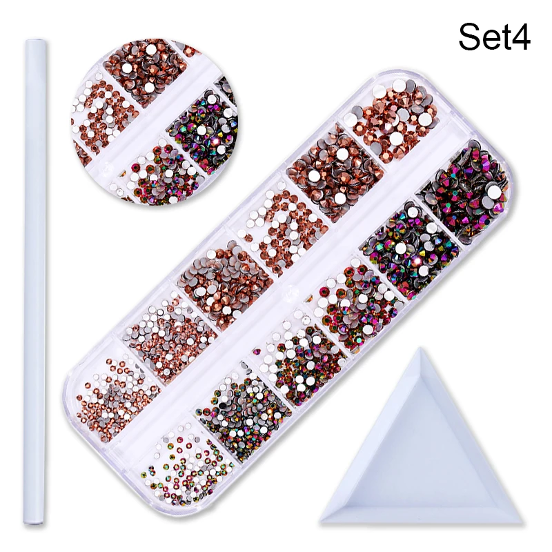 Set 4 1 коробка для дизайна ногтей 3D Амулеты Стразы для ногтей круглые смешанные цвета, плоский задник красочные блестящие стразы для украшения ногтей - Цвет: Set 4