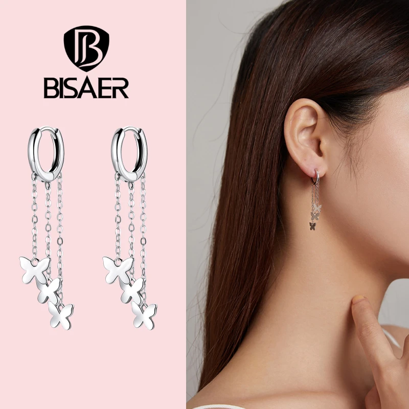 

BISAER 100% 925 Sterling Silver New Design Butterfly Tassel Drop Earrings For Women Girl Fashion Luxury Silver Jewelry ECE1173