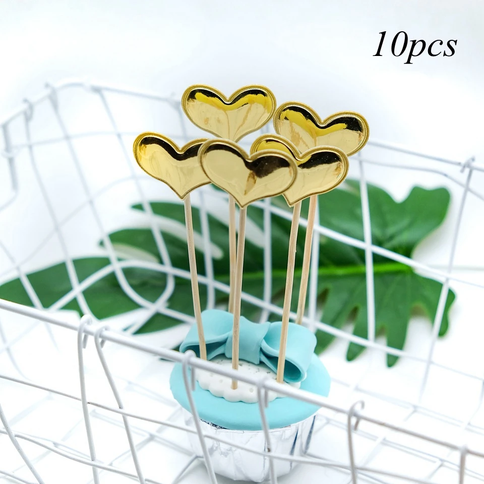 Gold heart 10 шт./лот Блестящий Топпер для торта звезды и сердце и корона детский душ декор для дня рождения Свадебный декор кекса топперы - Цвет: Gold heart