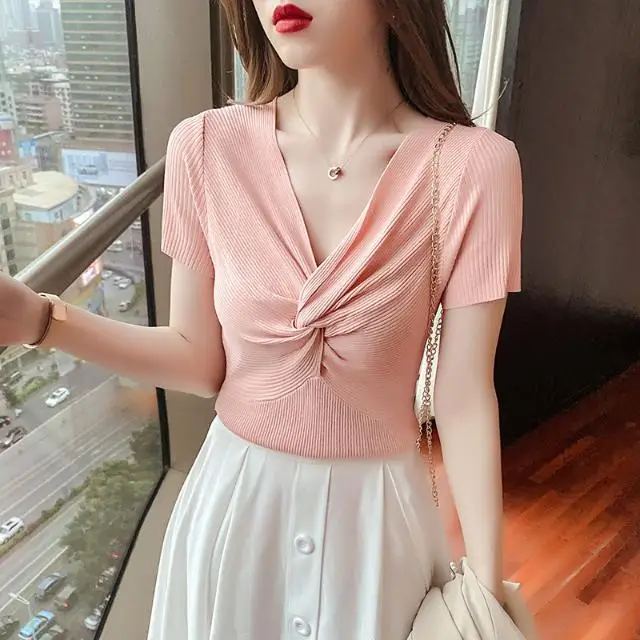 

2021 low cut sexy ice silk knitted T-shirt short sleeve shirt