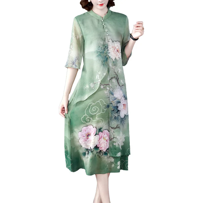 

Dress summer new style stand-up collar retro fashion mid-sleeve mid-length dress large size mother dress female skirt