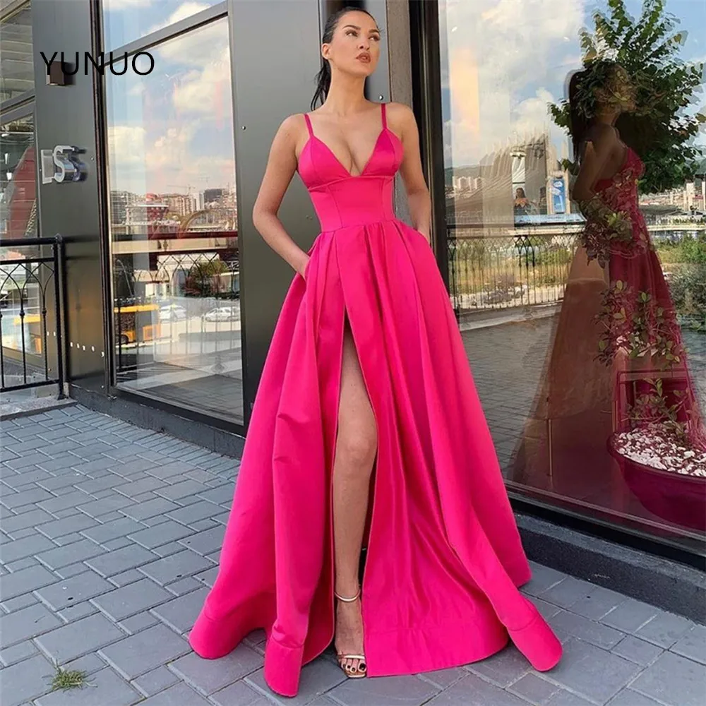 

YUNUO Elegant Satin Prom Evening Dresses Pockets Long A-line Hot Pink Party robe De Soiree Gowns for Formal Side Slit Dress