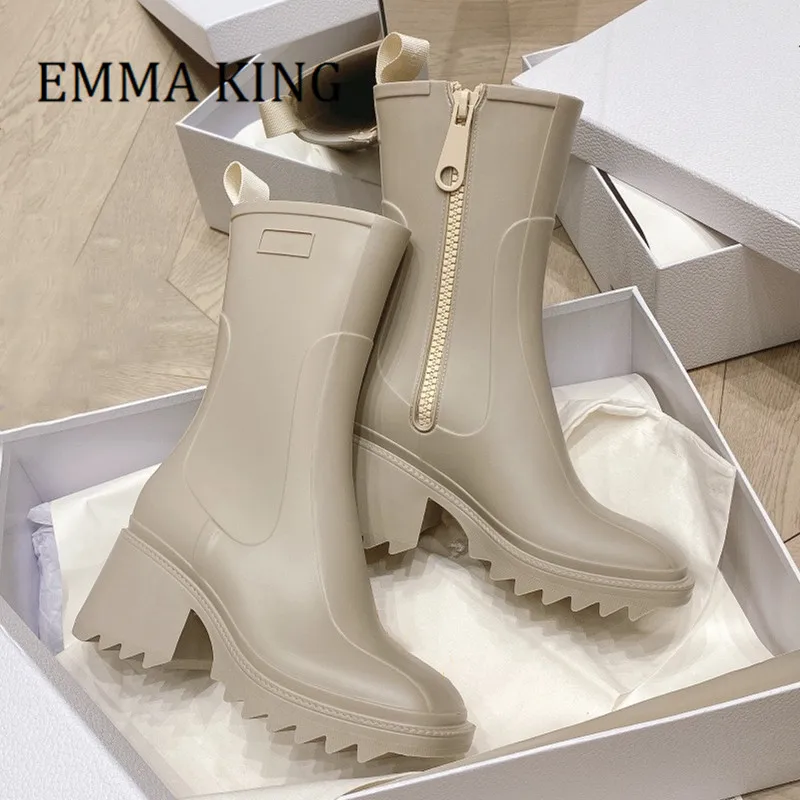 

Women Fashion Rubber Rain Boots Chunky Heels Ankle Boots Female Slip On Round Toe Waterproof Chelsea Boots Casual Winter Shoes