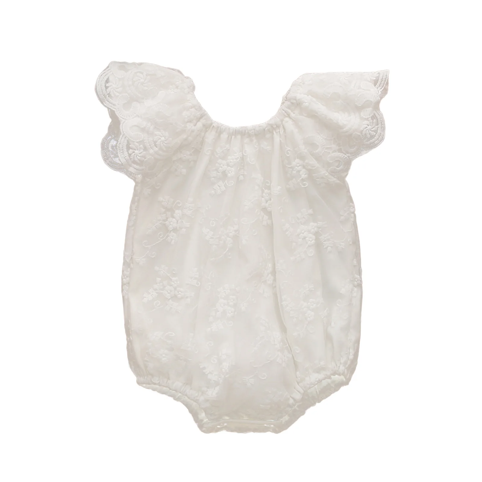 

Toddler Baby Lace Decoration Bodysuit, Infants Flying Sleeve Romper, Round Collar Solid Color Clothing