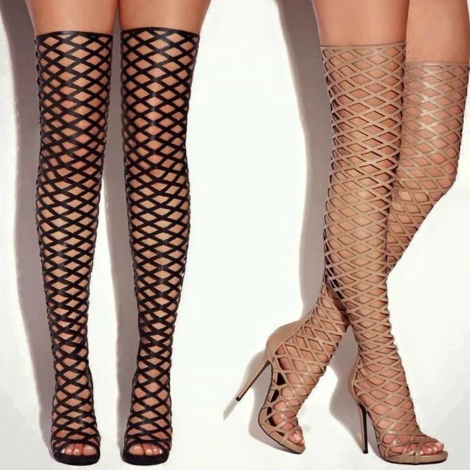 

Sexy Cut-out Hollow Gladiator Sandals Boots Peep Toe Thin Heels Dress Shoes Lace-up Tight High Sandal Boots Big Size 10