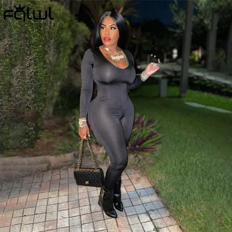 Повседневный черный облегающий комбинезон с кулиской FQLWL женский зимний цельный