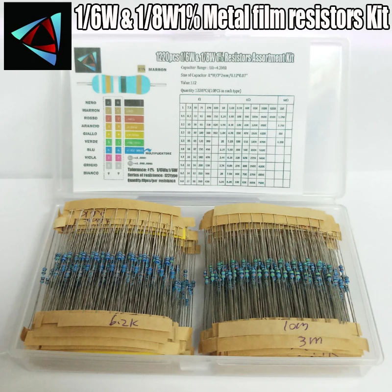 

1/6W 1% 122valuesx10pcs=1220pcs 1R~4.3M Metal Film Resistor Assorted Kit