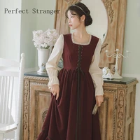 2021 new arrival high quality retro french style hot sale square collar collect waist long sleeve women long dress