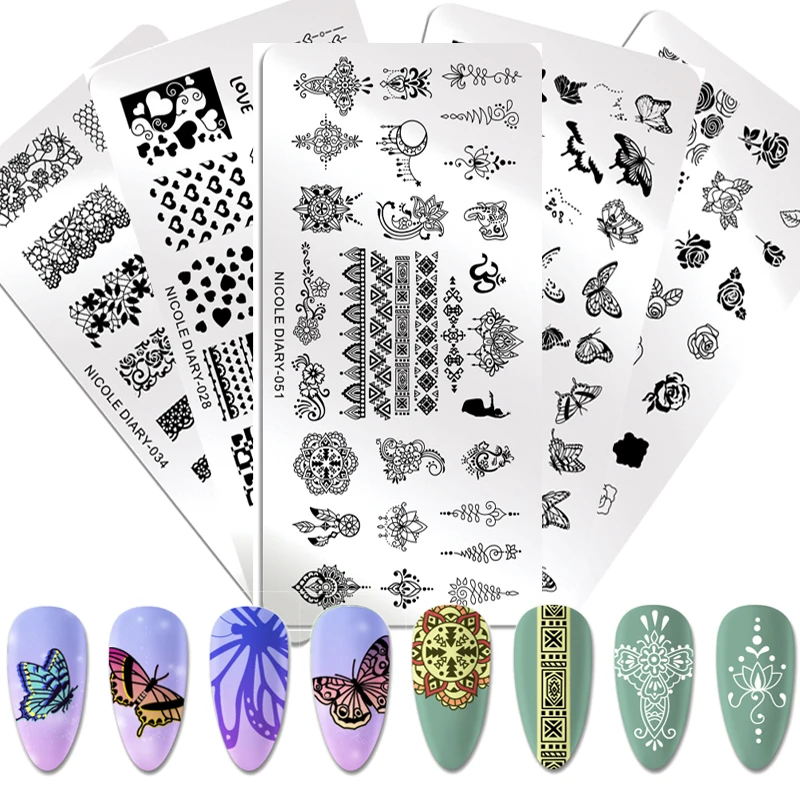 Штамповочные пластины NICOLE DIARY для ногтей мраморные огненные кружевные шаблоны с
