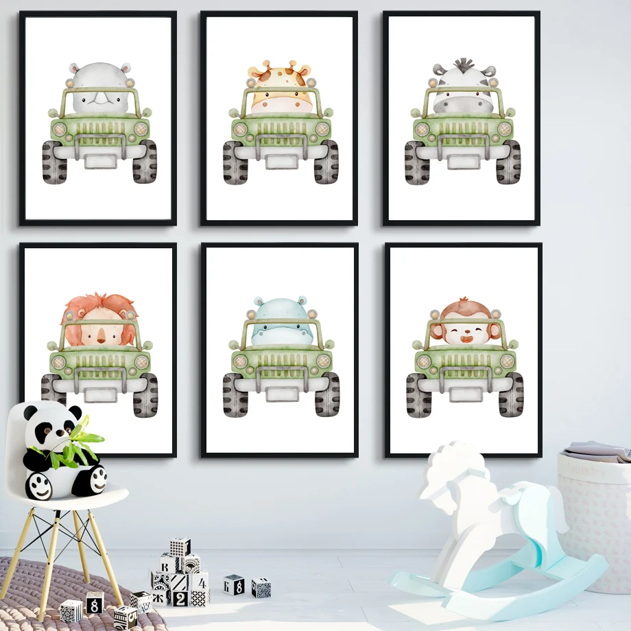

Baby Driver Elephant Giraffe Zebra Monkey Hippo Nordic Posters And Prints Wall Art Canvas Painting Wall Pictures Kids Room Decor