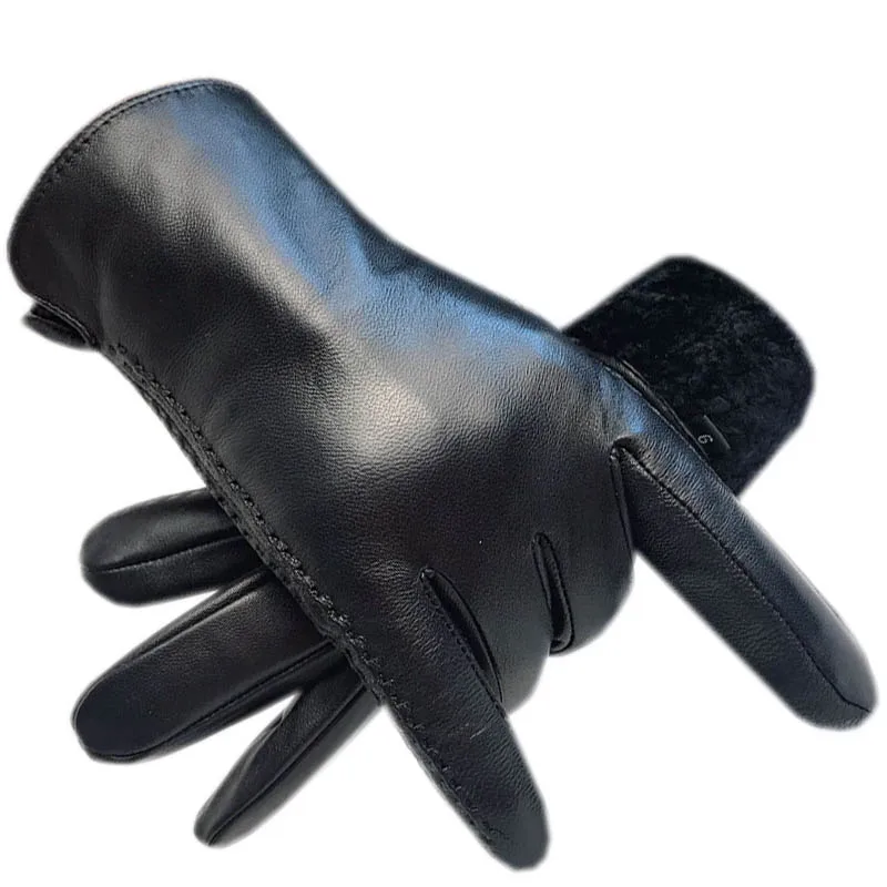 

Winter men's wrist fashion sheepskin gloves black lamb wool lining cold gloves finger gloves new warm leather thickened driving