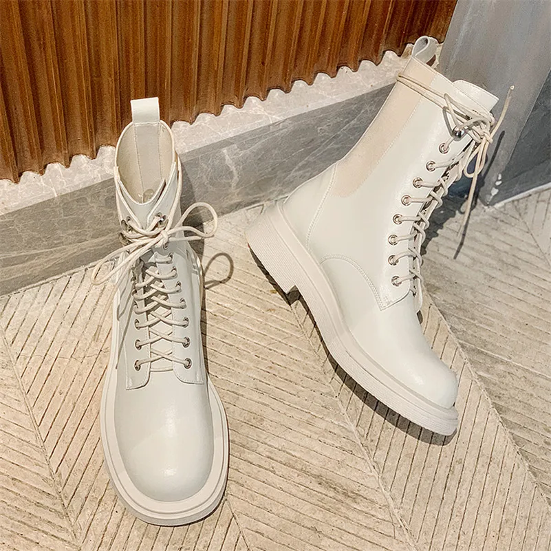 

Meotina Women Mid Calf Boots Shoes Real Leather Flats Platform Motorcycle Boots Cross Tied Flat Boots Female Autumn Winter 40