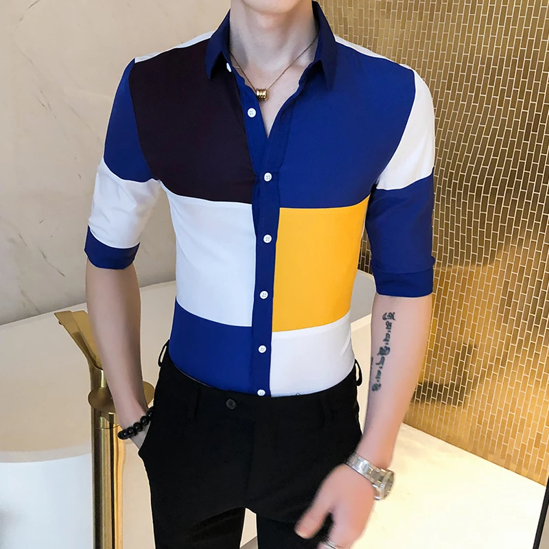 

Camisa Spring Masculina Men Short Sleeve Shirt Patchwork Color Casual Slim Fit Dress Shirts Streetwear Social Nightclub Tops