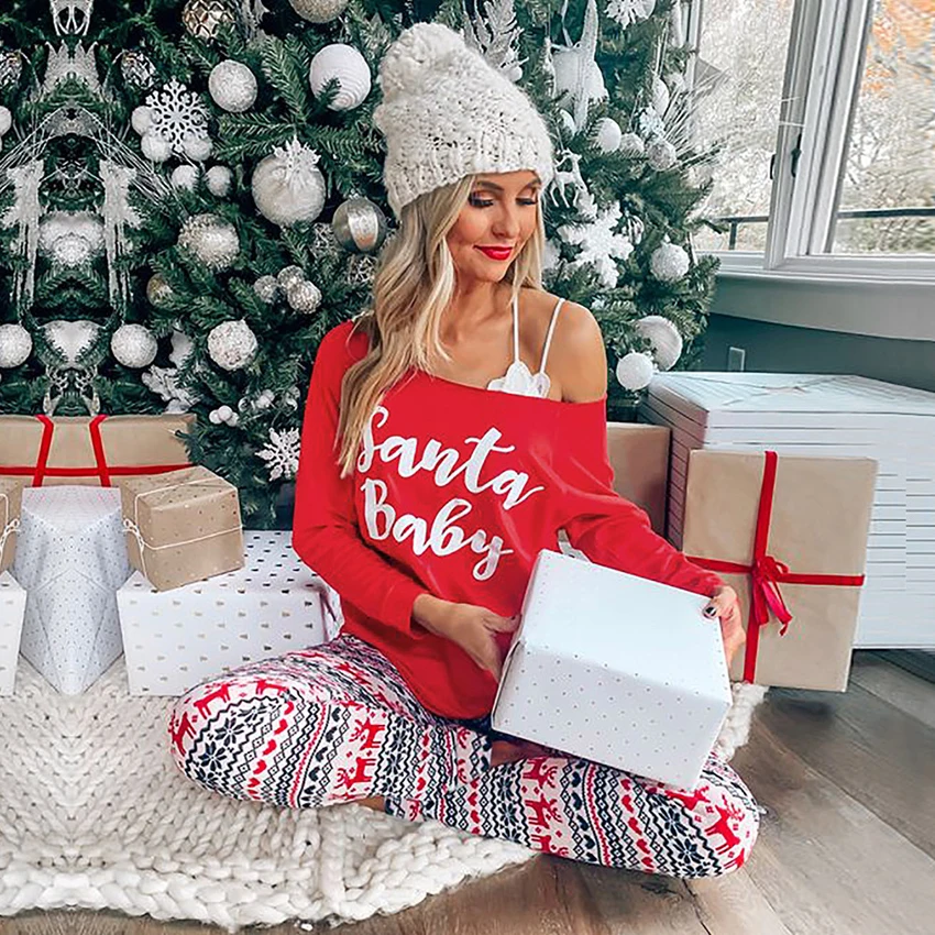 

Christmas Kawaii Pajama Set Women Xmas Fashion Print Casual Sleepwear Suit Plus Size Loose Lingerie Sleep Tops Pants Nightwear