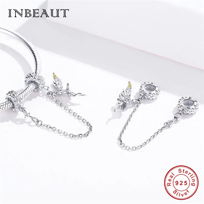 INBEAUT 925 пробы Серебряный цветок эльф силиконовая безопасная цепь Подходит Пандора браслет маленькая фея подвески для девушки на браслеты подарок
