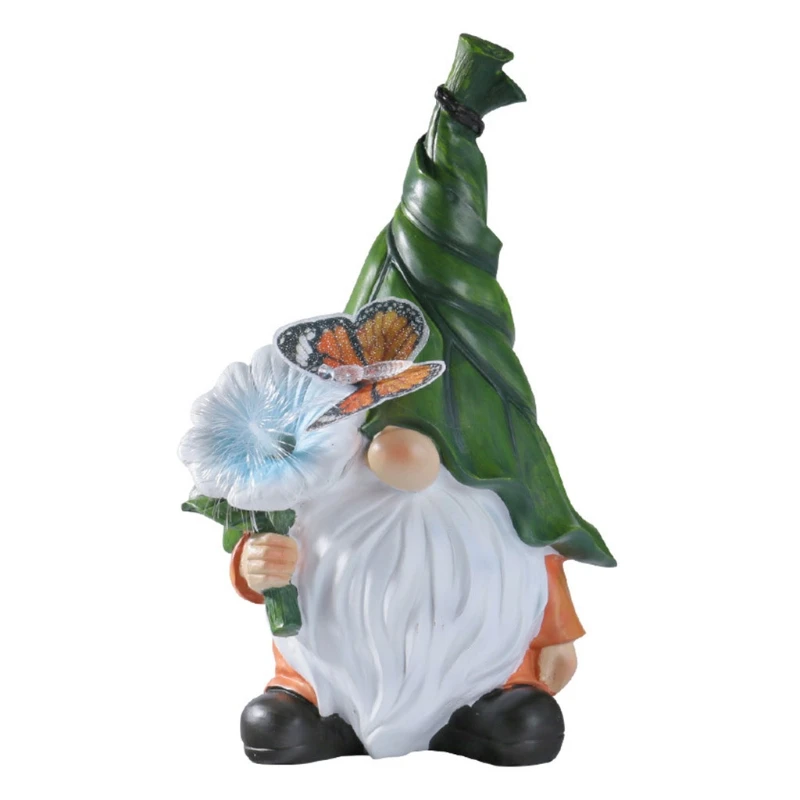 

H051 Garden Gnome Holding Flower Butterfly Statue with Solar LED Light Resin Figurine