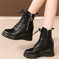 high top fashion sneakers shoe women lace up genuine leather wedges high heel ankle boots female round toe platform casual shoes