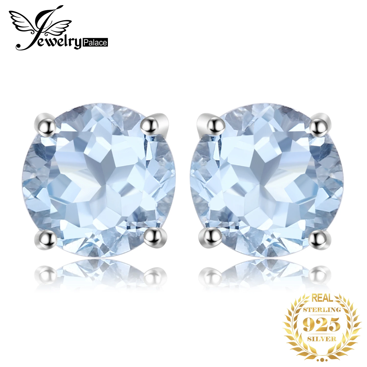 Jewelrypalace круглый 2ct Природный Голубой топаз камень Серьги-гвоздики Solid стерлингового серебра 925 Красивые ювелирные изделия для Для женщин