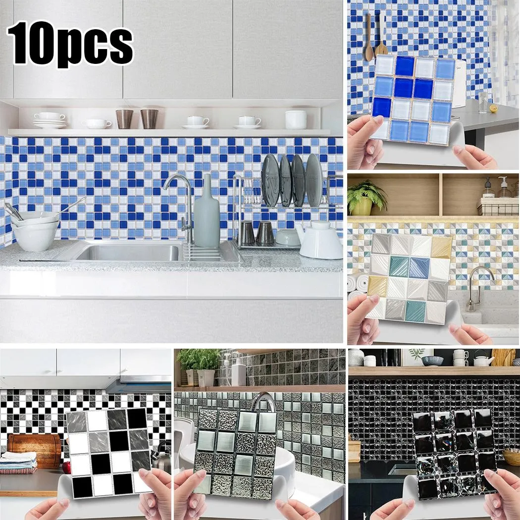 10pcs Glitter Mosaic Adhesive Tiles Wall Stickers Kitchen Island Walls Bathroom Bedroom 10*10cm Home Decoration