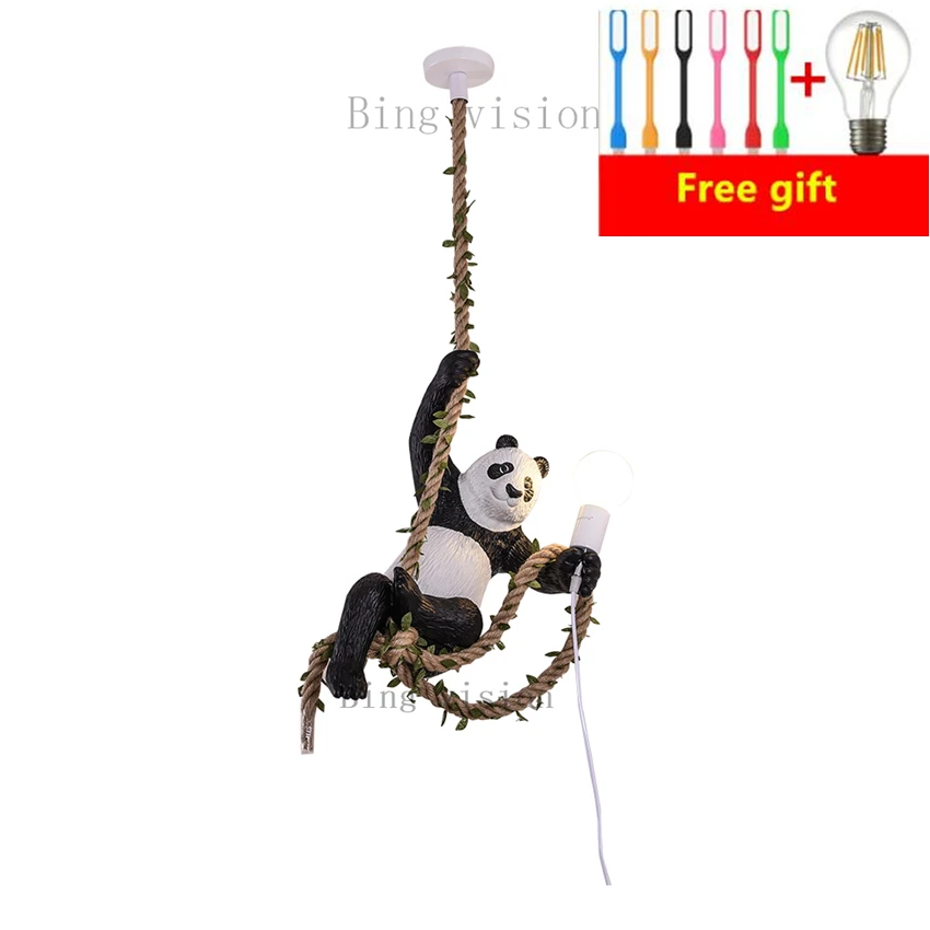 Creative Resin  Panda Light Loft Industrial Kitchen Light Fixture Hemp Rope Hanging Lamp Restaurant Home Decor Luminaire