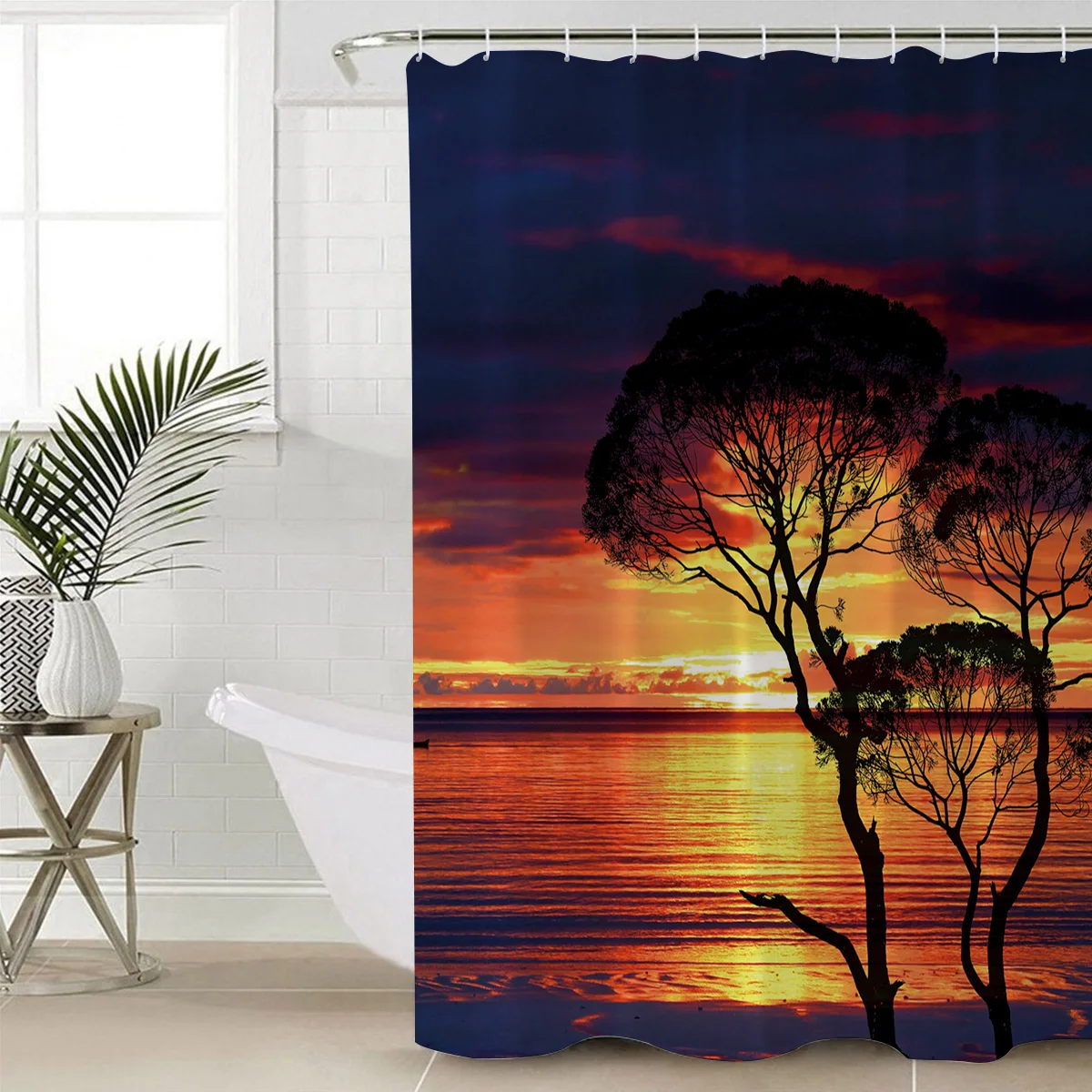 Тени в сумерках на море и силуэт деревьев занавески для душа с медитацией дизайн