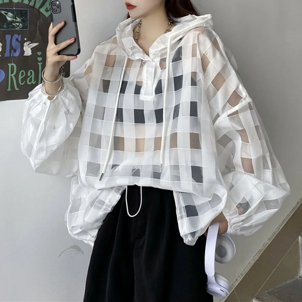 

2021 Summer New Sun Protection Hoodie With Hood Solid Color Perspective Organza Checkered Color Contrast Loose Casual