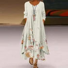 Платье женское длинное с цветочным принтом, винтажное элегантное модное повседневное свободное платье-трапеция с V-образным вырезом и длинным рукавом, на лето
